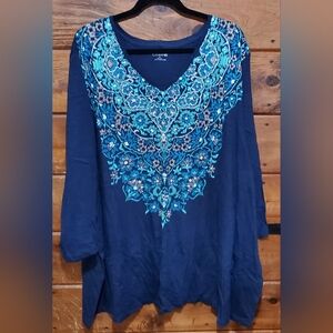 Women's Navy Blue Top with Printed Designs on the Collar
